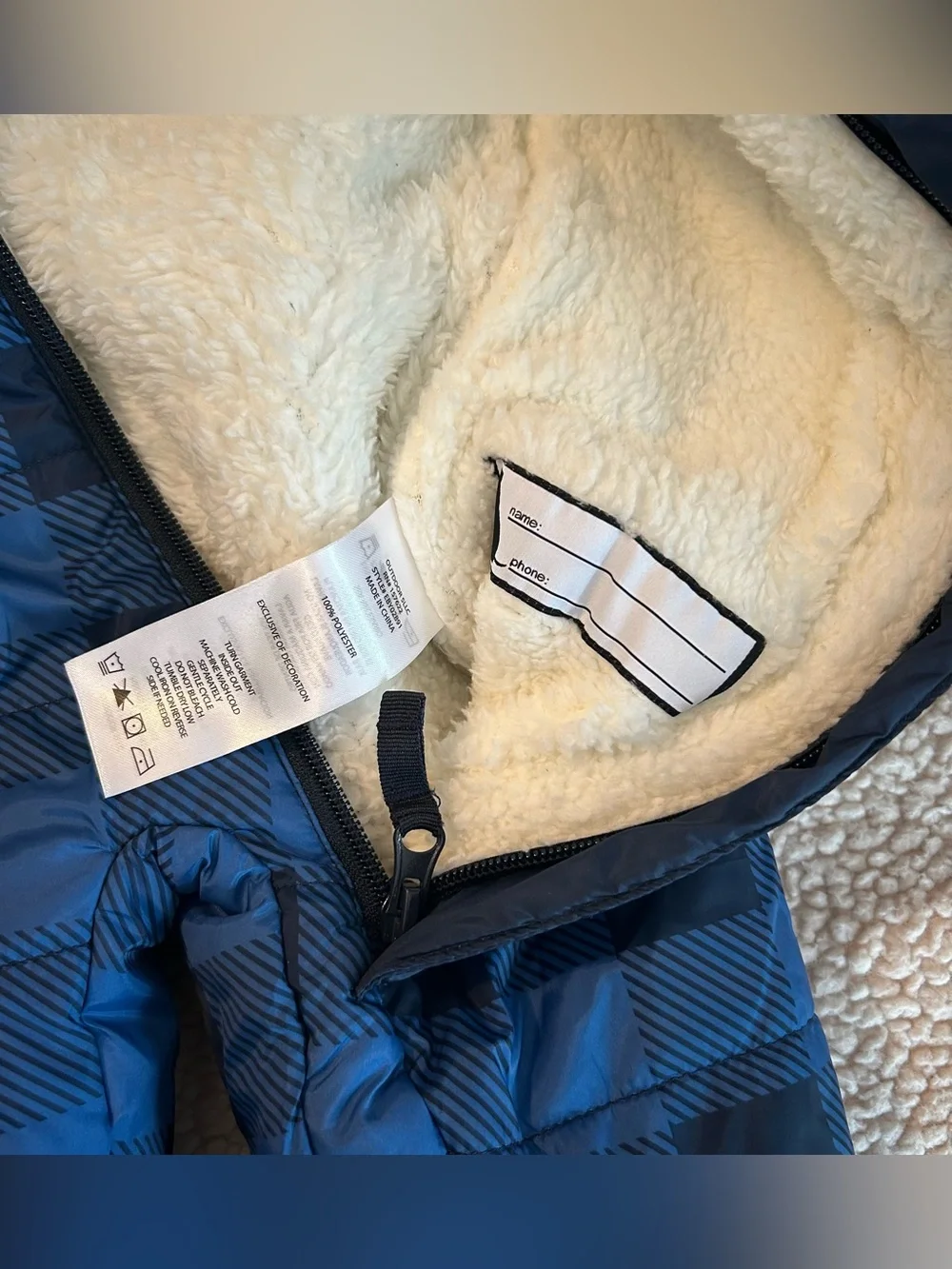 Eddie Bauer baby snowsuit blue and black plaid fullzip with sherpalined hood 3/6